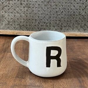 Crate & Barrel Mug Monogram R Artisan Handcrafted Stoneware Portugal